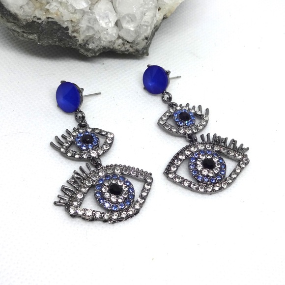 NEW Rhinestone Gunmetal Evil Eye Earrings - Picture 4 of 4
